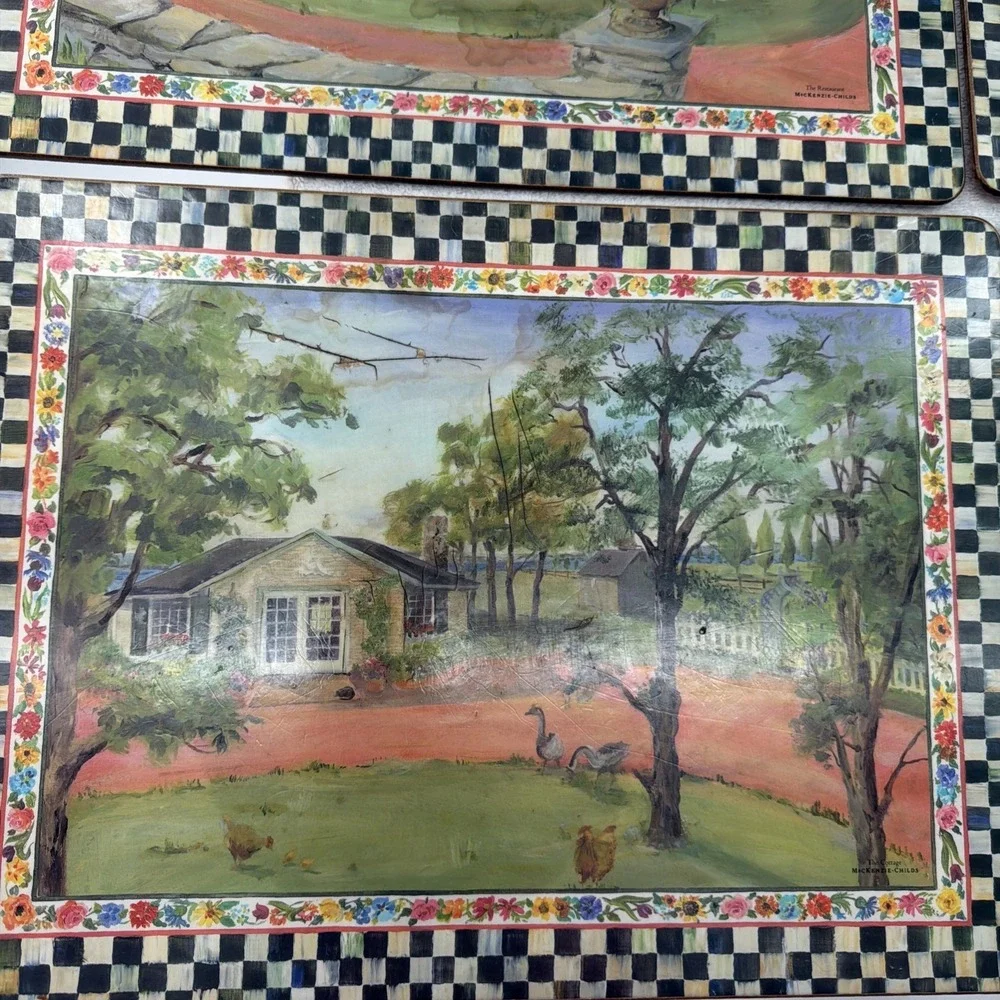 RARE MacKenzie  Childs Check Aurora Cork board Placemats Set  4 FARM 1980's-90's